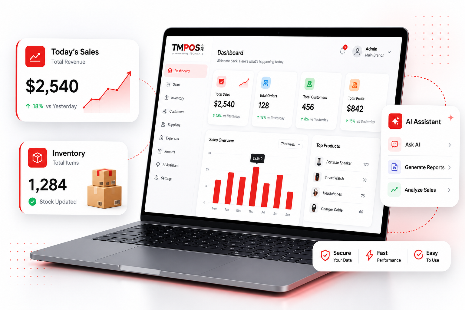 TMPOS laptop product illustration showing sales, inventory and reports